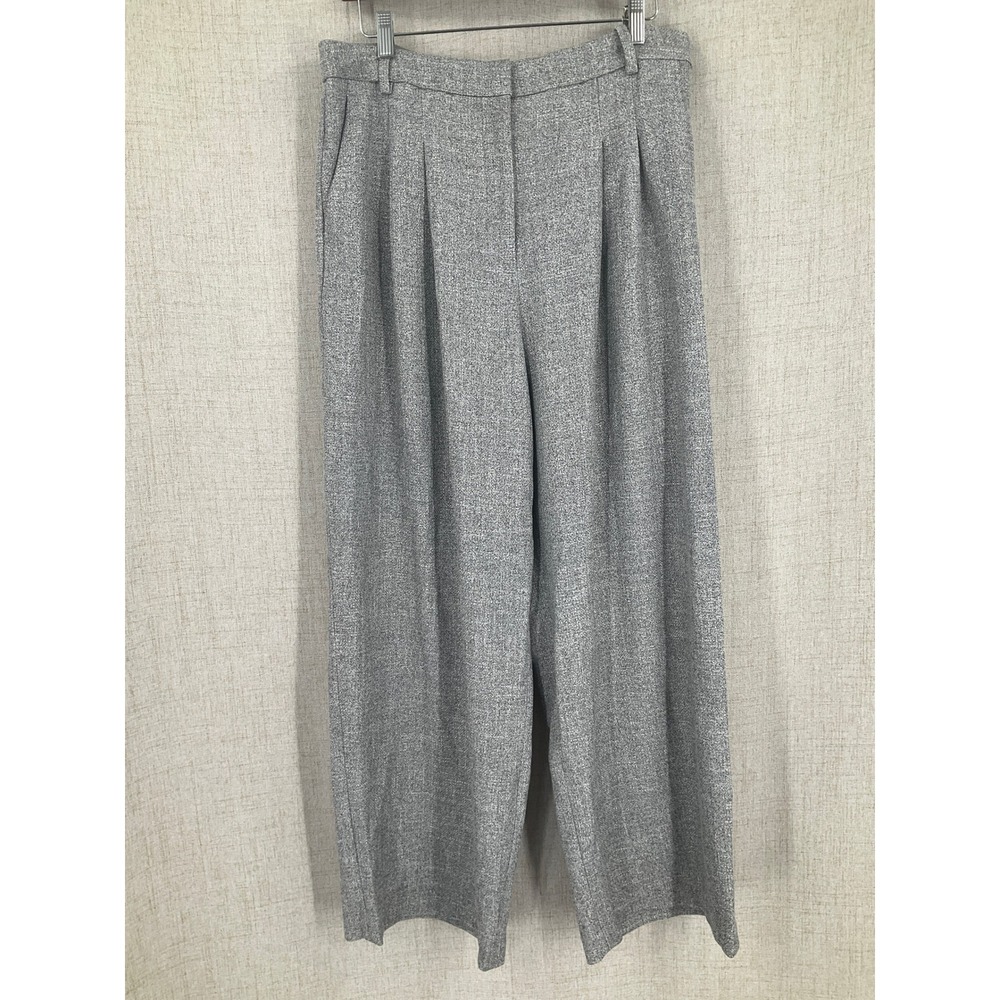 H&M Wide Leg Trousers Women Size 14 Grey Pleated High Waist Minimalist NEW
